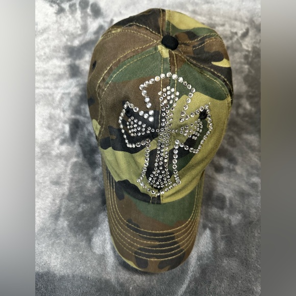 Accessories - Rhinestone Cross Camo Baseball Cap - Olive Green